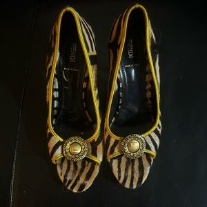 Fendi Zebra Print Heels - Black, Tan, and Gold